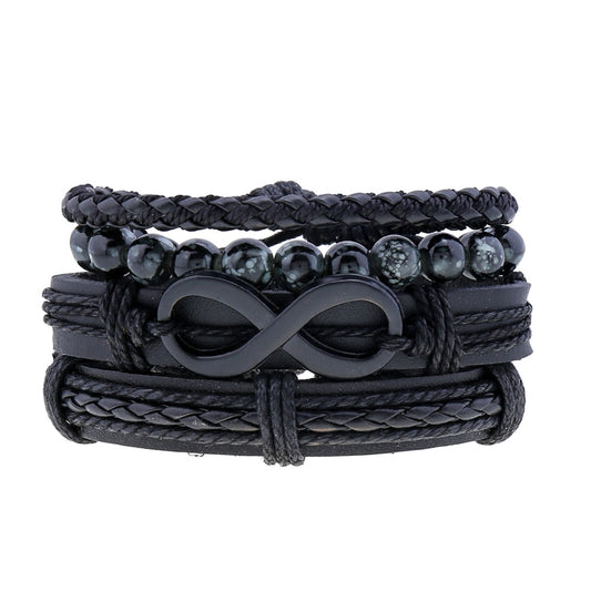 Black Genuine Leather Bracelets for Men Forever Infinity Logo Bracelets Men's Wristband Glass Beads Charm Braclet Hand Jewelry