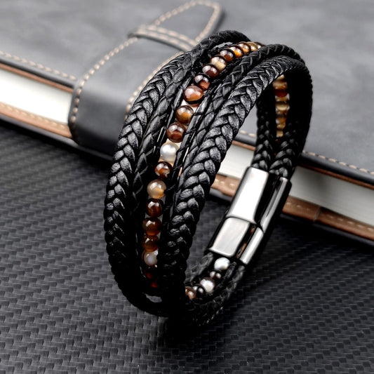 Brown Natural Stone Bracelet for Men | Black Stainless Steel Genuine Leather | Magnetic Clasp | Beaded Bracelet | Best Gift