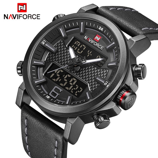 NAVIFORCE Mens Sports Watches | Quartz LED Digital Clock | Luxury Male Fashion Leather Waterproof Wrist Watch