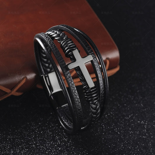 NIUYITID Cross Bracelet For Men | Genuine Leather Multi-Layered Braided Bracelet | High Quality Magnet Clasp