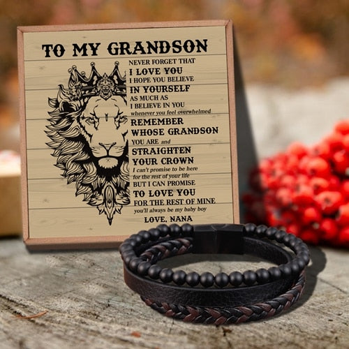 Sab3144 |   To My Grandson | Charm Rope Magnetic Natural Stone Leather Man Bracelet Beaded Braclet Volcanic Stone bangles Chain